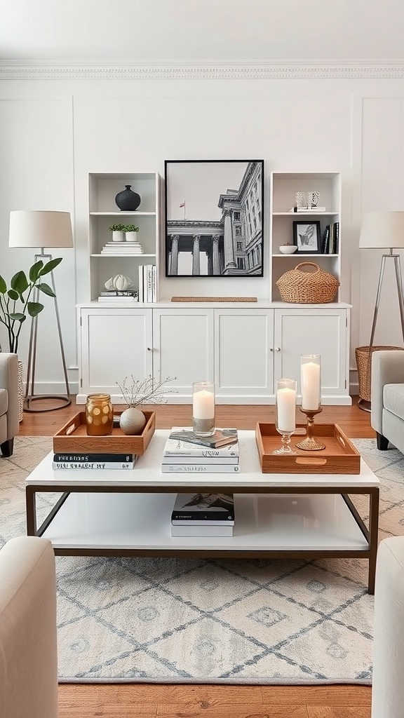 A cozy living room with a stylish coffee table featuring decorative items and books.