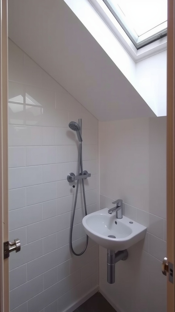 Small bathroom with slanted ceiling featuring a shower and a compact sink.