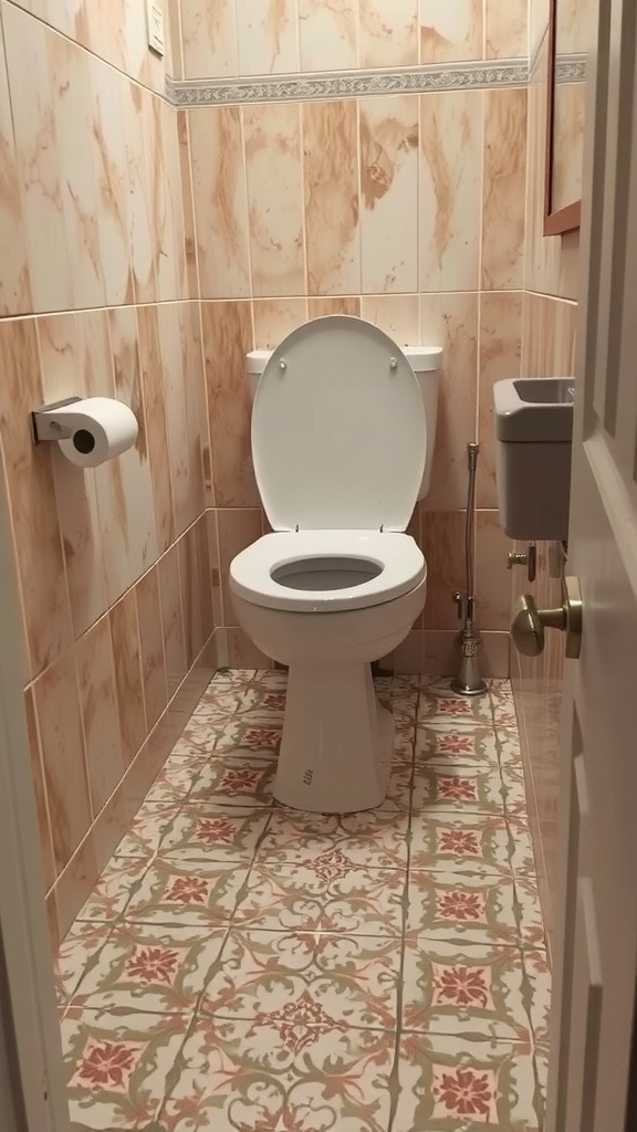 A small downstairs toilet featuring patterned tiles and a white toilet.