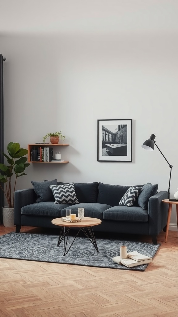 Stylish living room with dark gray couch, coffee table, lamp, and plants