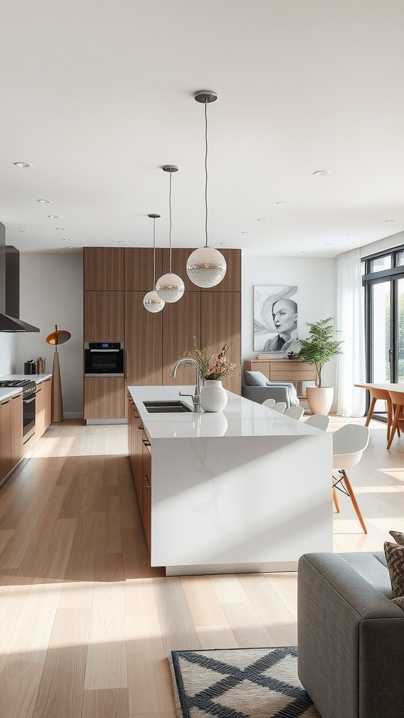 A modern kitchen with a sleek island, warm wood cabinetry, pendant lights, and a cozy living area.