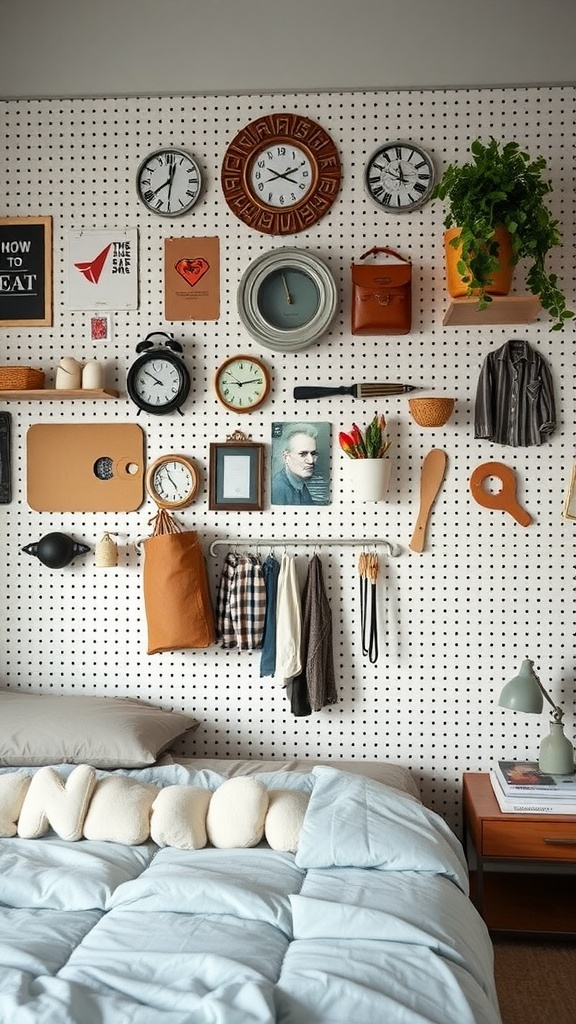 A pegboard wall with various items organized including clocks, plants, and bags, showcasing stylish organization in a bedroom.