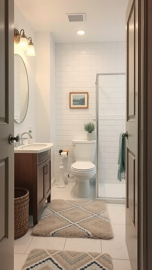 A small bathroom featuring stylish rugs, a modern sink, and simple decor.