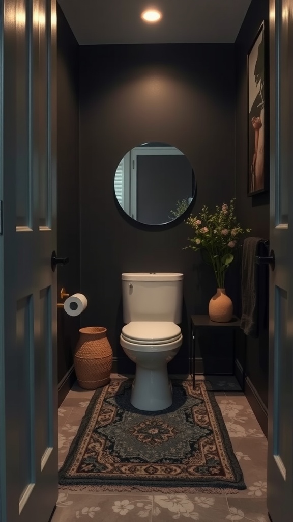 A small dark bathroom featuring a stylish rug, toilet, and decorative elements like a mirror and plants.