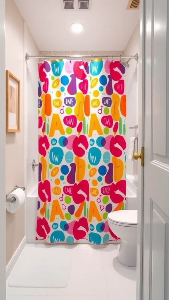 Colorful shower curtain with playful patterns in a small bathroom