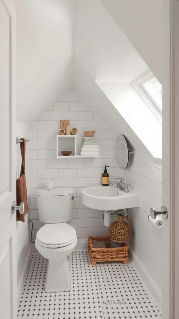 Small bathroom with slanted ceiling featuring white tiles, floating shelves, and stylish storage solutions.