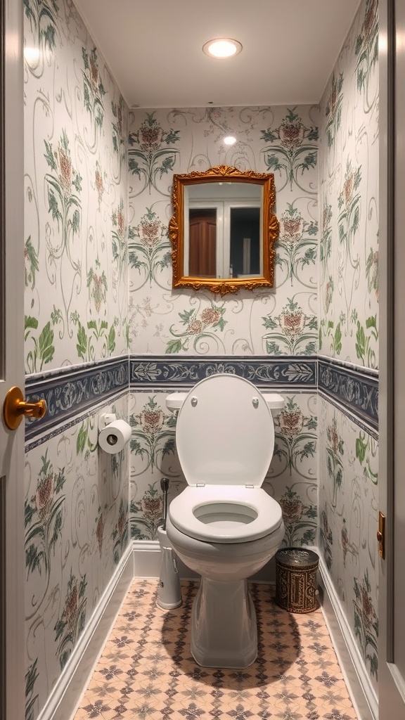 A small toilet room featuring floral wallpaper, blue trim, a golden mirror, and patterned flooring.