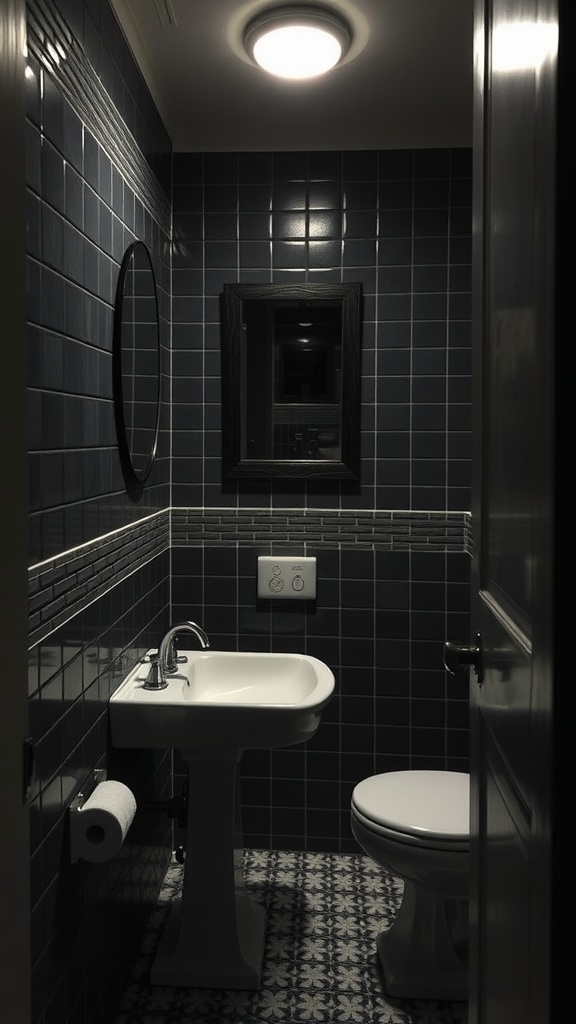 A small dark bathroom featuring dark blue wall tiles, a white sink, and patterned floor tiles.