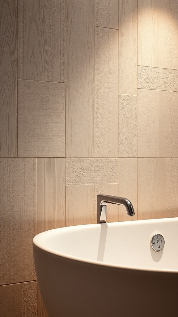 Textured wall finishes in a modern bathroom with a white bathtub