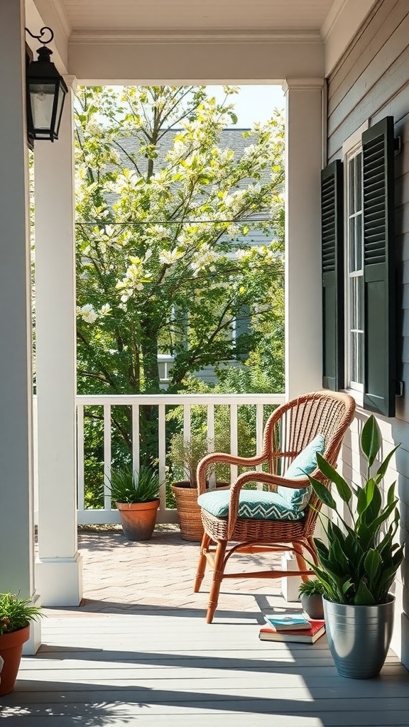 Cozy front porch with a wicker chair, potted plants, and a stack of books.