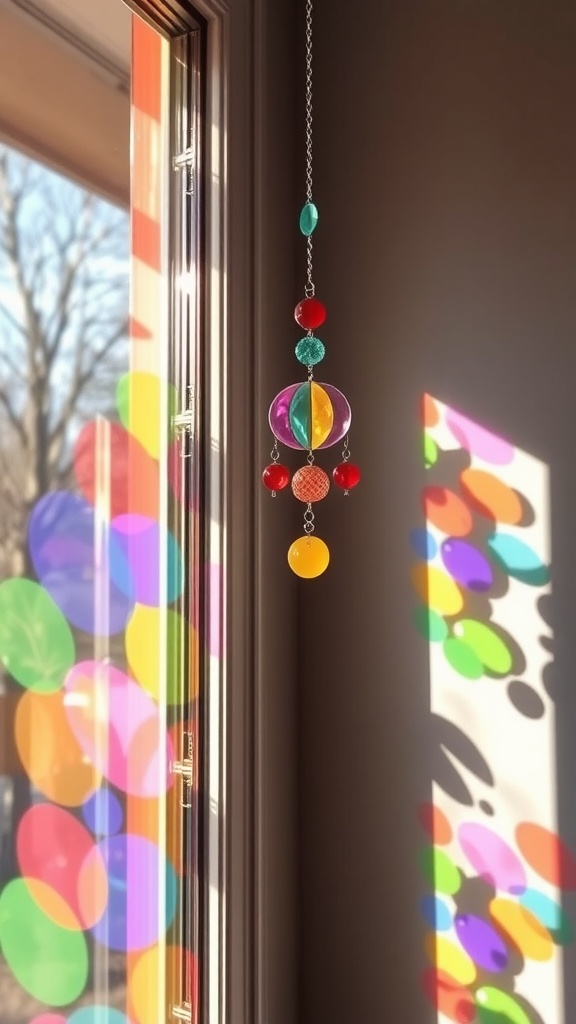 Colorful suncatcher hanging in the window, casting vibrant shadows on the wall