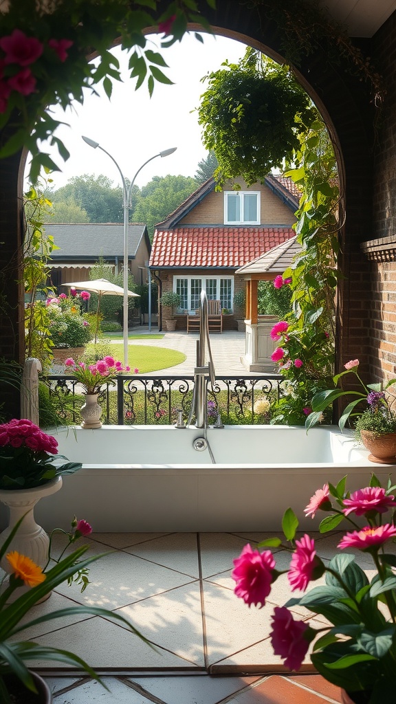 A sunken bathtub surrounded by flowers and plants, viewed through a stone archway, with a lovely garden in the background.