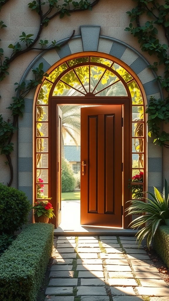 An open door framed by greenery, leading into a sunlit garden.