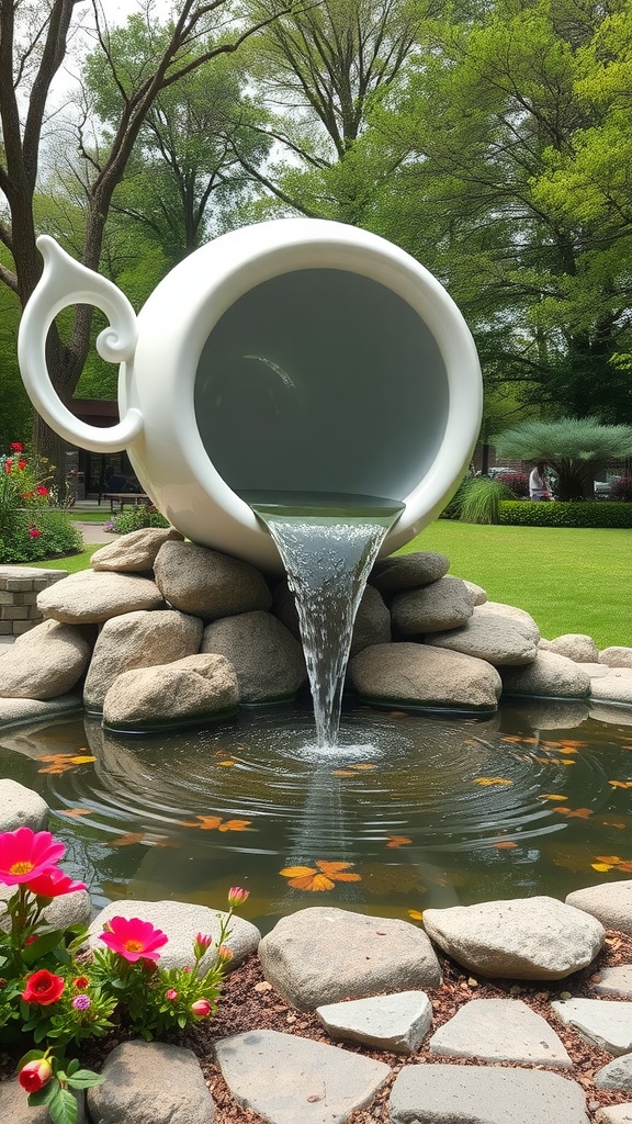 A giant white tea cup pouring water into a pond surrounded by stones and colorful flowers