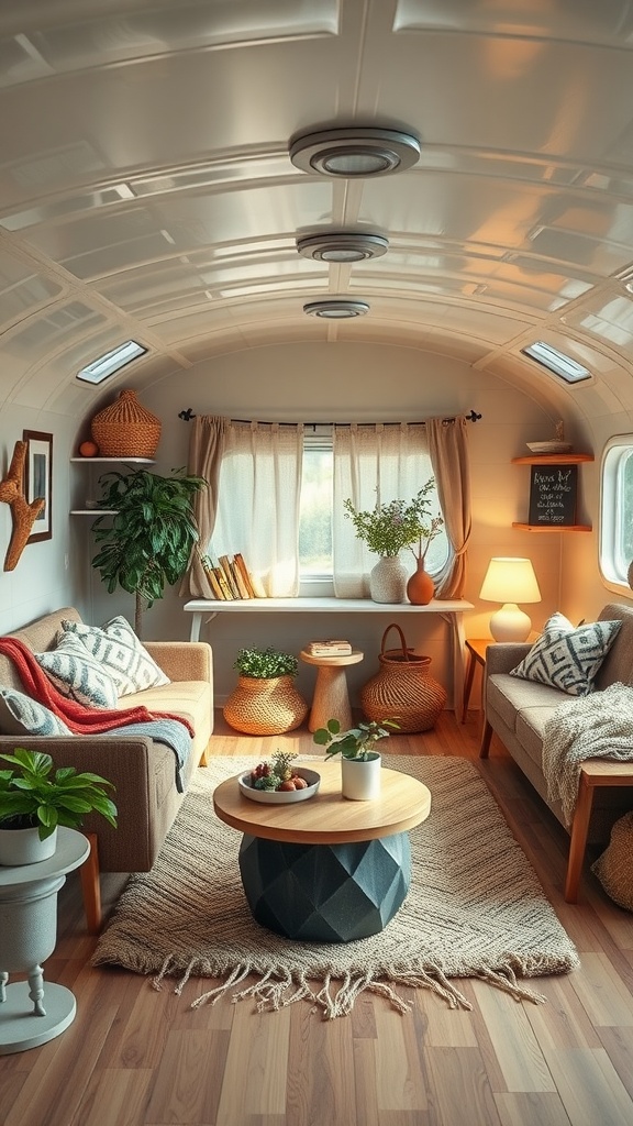 Cozy living room in a trailer house featuring sustainable and eco-friendly decor elements.