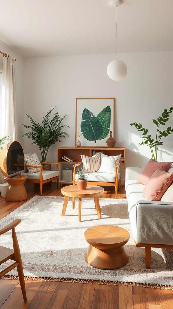 A cozy living room with wooden furniture, plants, and a simple lighting fixture.