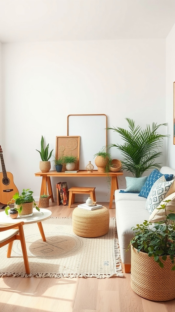 A modern boho living room featuring plants, natural wood furniture, and sustainable decor elements.