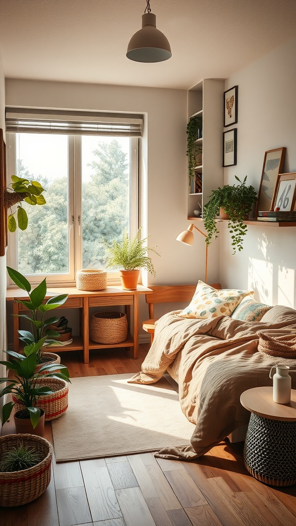 A small, eco-friendly bedroom for two sisters featuring plants, woven baskets, and natural lighting.