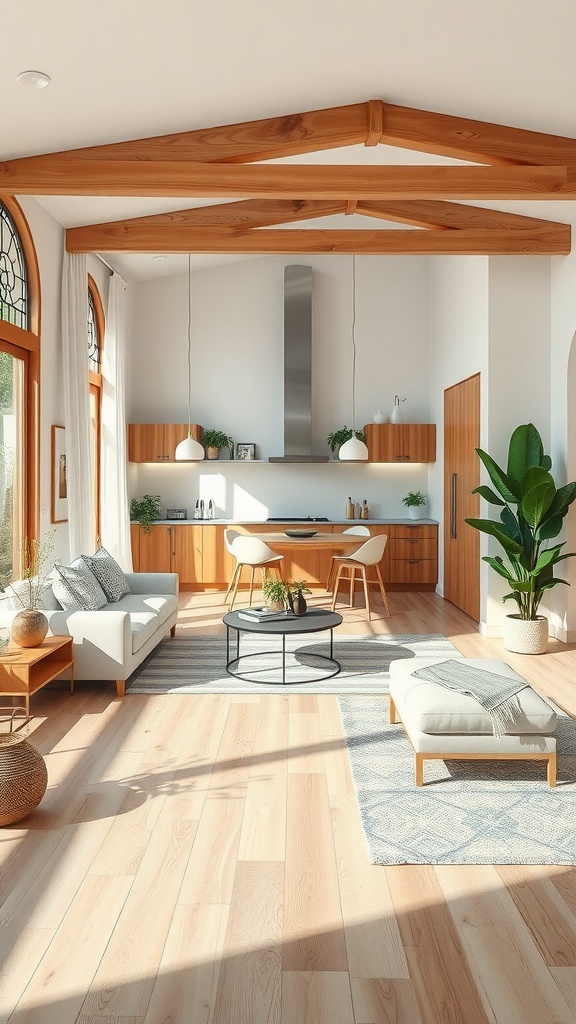 A bright and open living room combined with a kitchen, showcasing sustainable design elements like natural wood, plants, and energy-efficient appliances.