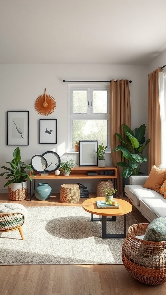 A cozy living room with sustainable decor elements like plants, wooden furniture, and natural light.