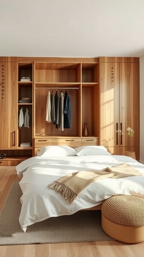 A cozy bedroom featuring a sustainable wardrobe made of natural wood, with open shelves and a neatly made bed.