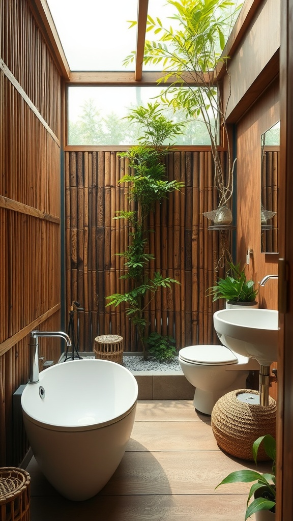 A modern Japanese bathroom featuring bamboo walls, a freestanding tub, and indoor plants.