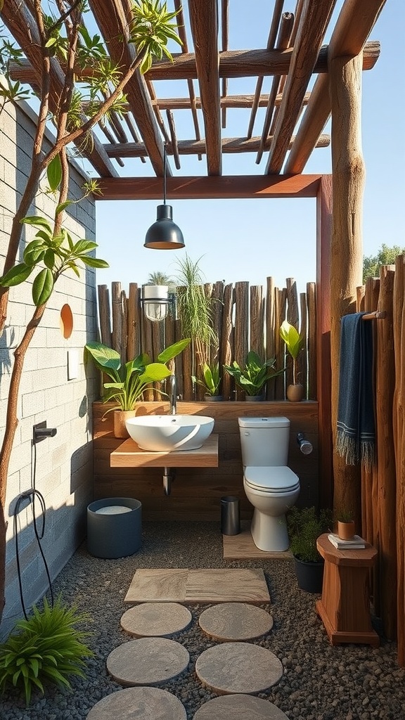 An outdoor bathroom featuring wooden structures, stone paths, and various plants.