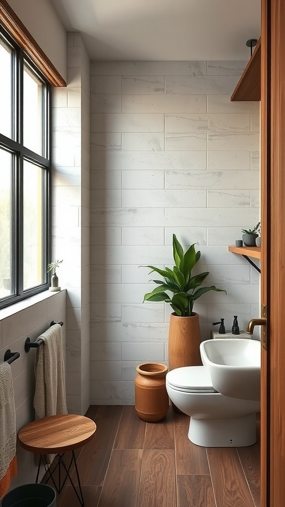 A moody small bathroom featuring earthy tones, wooden accents, and a plant