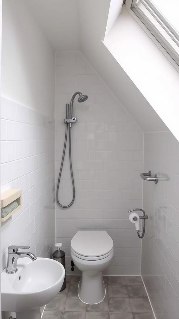 Small eco-friendly bathroom with slanted ceiling and sustainable fixtures