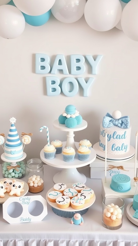 A beautifully arranged dessert table for a baby boy shower featuring cupcakes, cookies, and a tiered cake with decorations in blue and white.