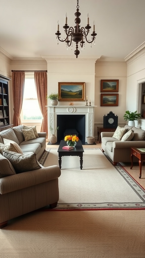 A cozy old English living room with symmetrical furniture arrangement featuring two sofas facing each other, a coffee table in the center, and a fireplace.