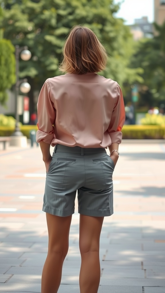 A woman with short hair wearing a pink blouse and gray tailored shorts, walking in a park-like setting.