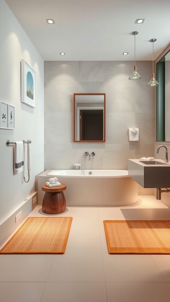 A modern bathroom featuring tatami mat accents, a bathtub, and wooden elements.