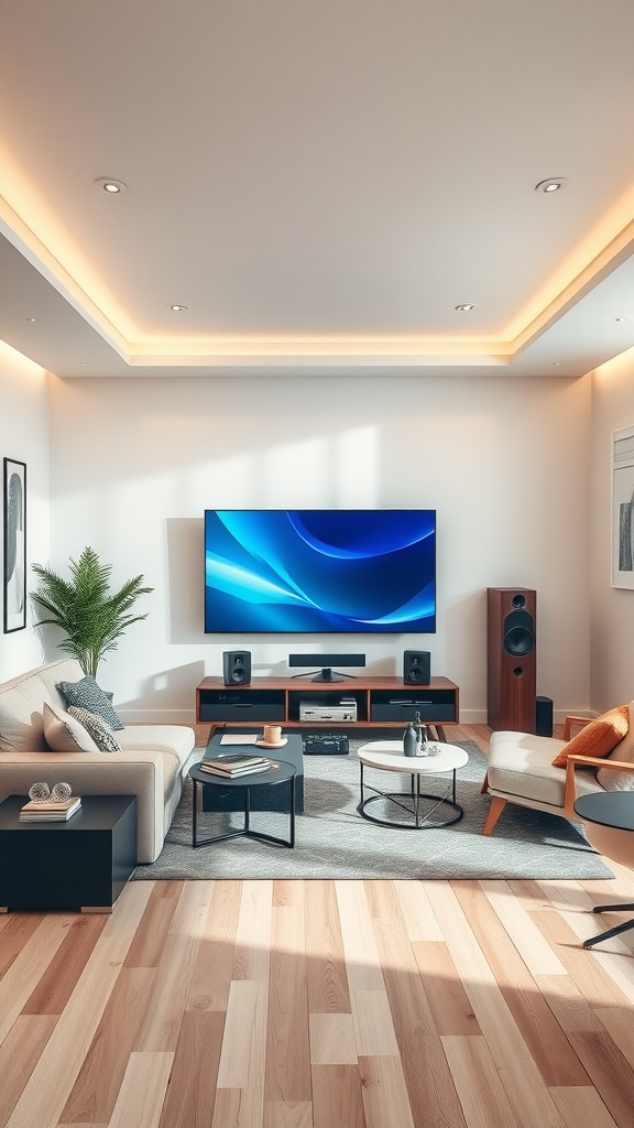 A modern mobile home living room featuring a large TV, comfortable seating, and subtle lighting.