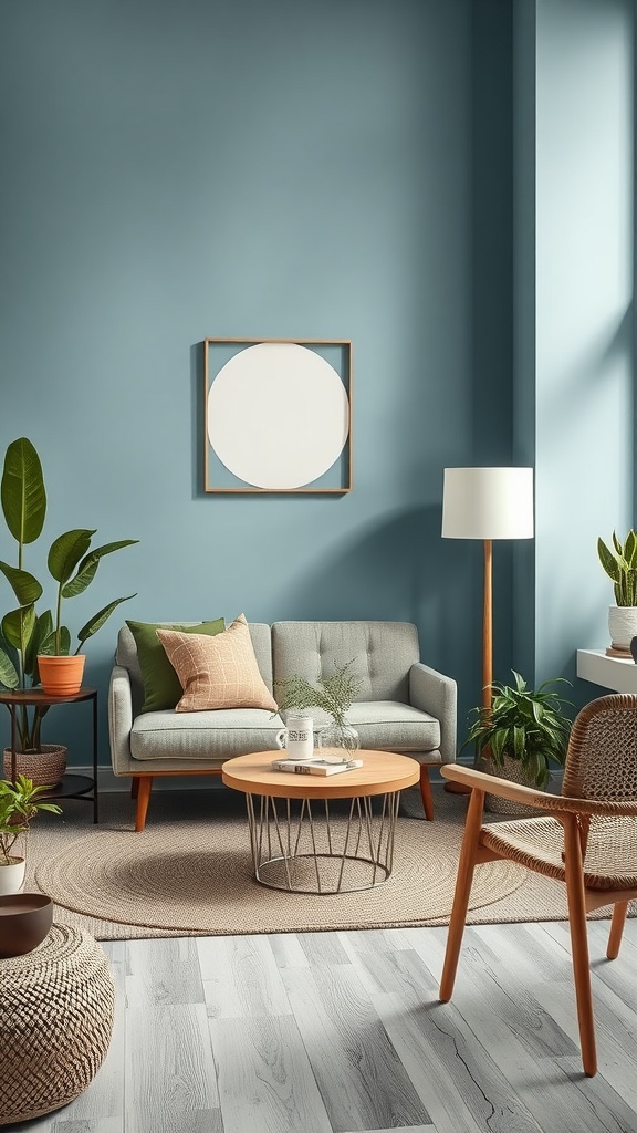 A cozy living room featuring a gray sofa, wooden coffee table, plants, and natural textures