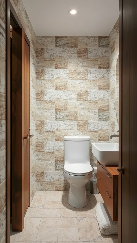 A small bathroom featuring textured wall finishes and wooden cabinetry.