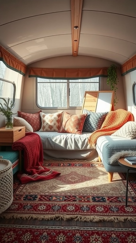 Cozy living room in a trailer house with layered textures, colorful cushions, and warm decor.