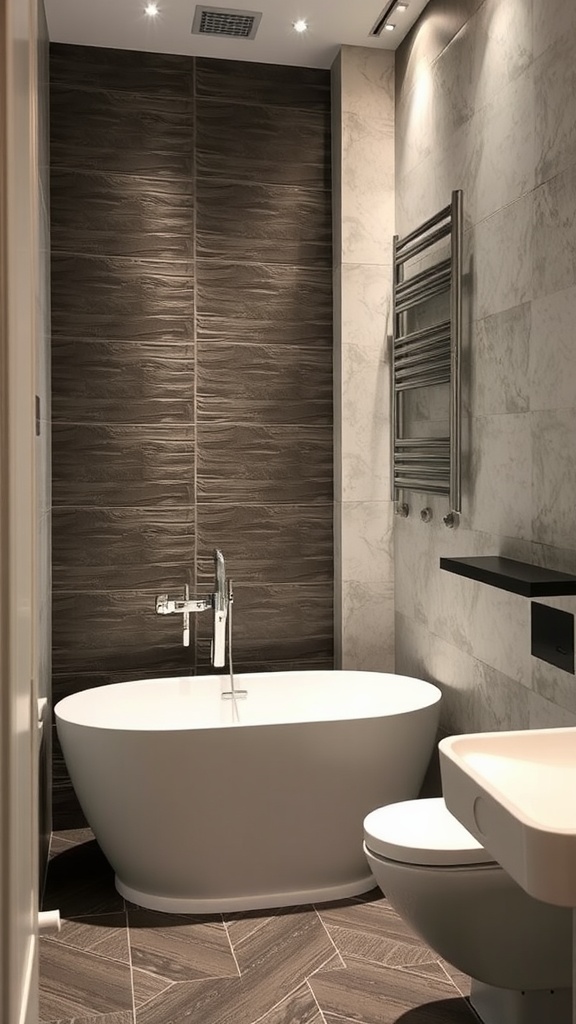 A stylish ensuite bathroom featuring a textured dark wall, a freestanding tub, and contrasting lighter wall and flooring.