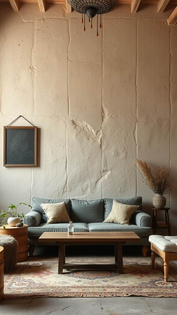 A cozy living room featuring textured walls, a comfortable couch, and natural decor.