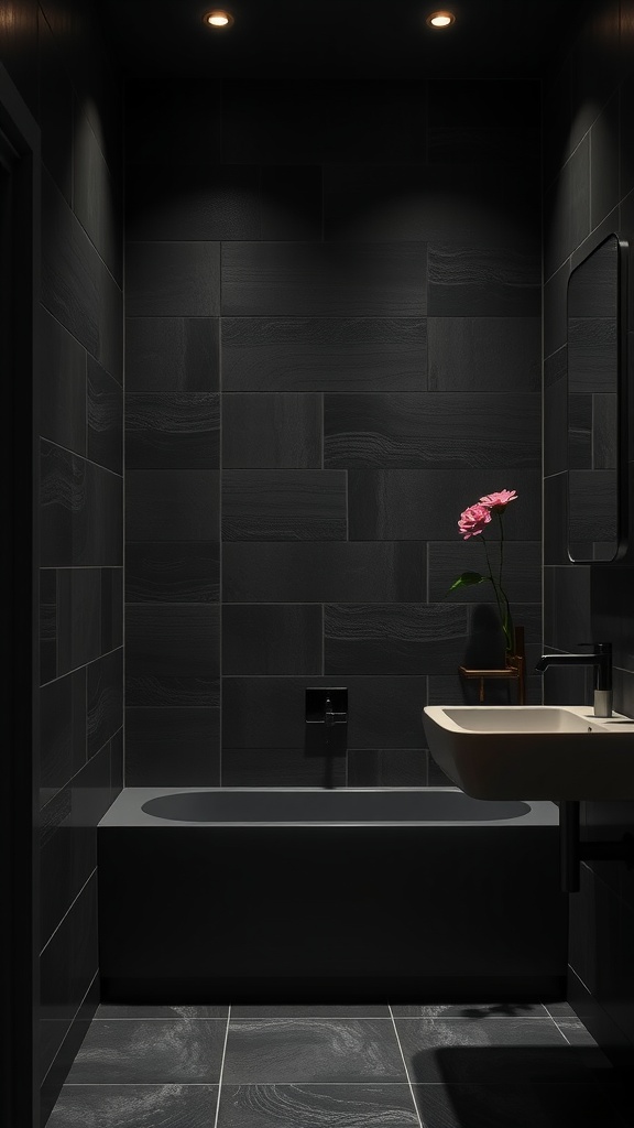 A dark bathroom featuring textured wall tiles, a bathtub, and a small flower in a pot.