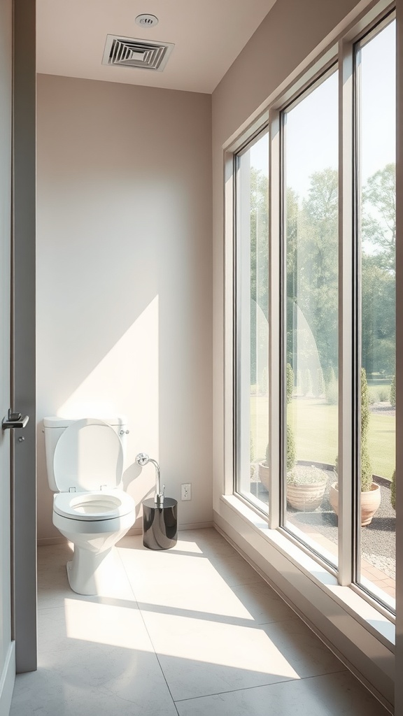 A small toilet room with large windows allowing natural light to enter, featuring a toilet and sleek design.