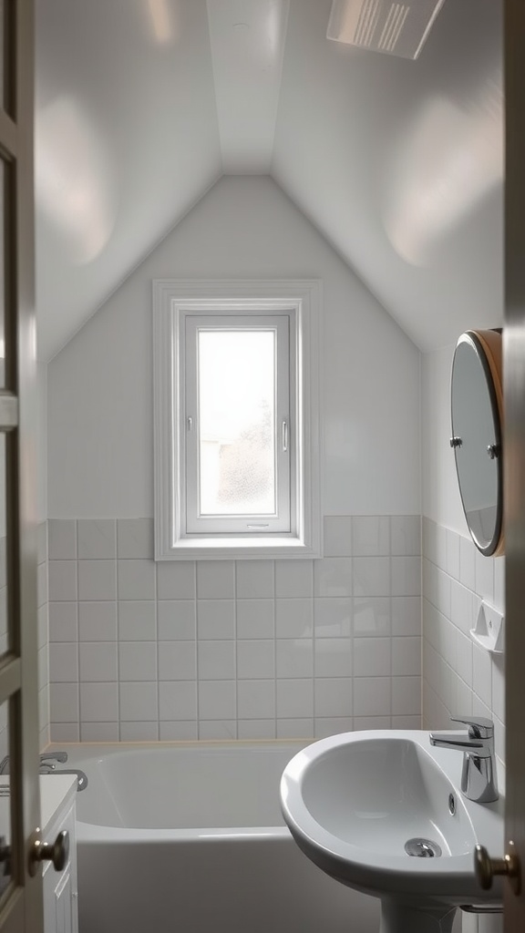 Small bathroom featuring a slanted ceiling with a window above the bathtub, providing natural light