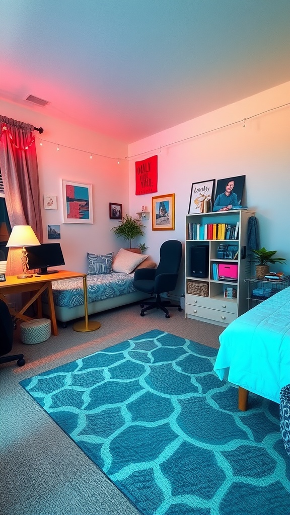 Cozy dorm living room with stylish decor elements including a daybed, geometric rug, and wall art.