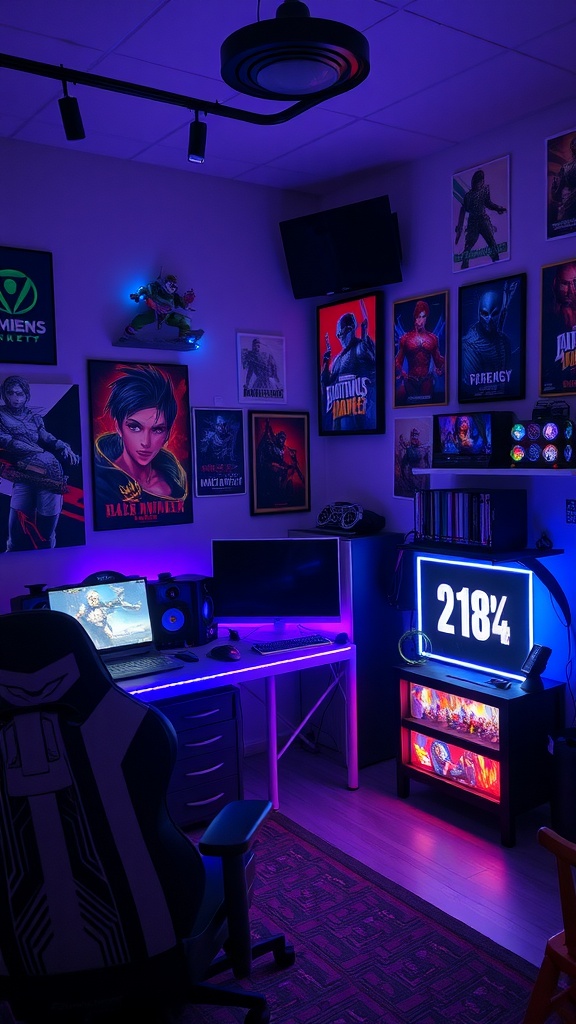 A cozy and colorful gaming room with themed decor, featuring posters, ambient lighting, and gaming equipment.