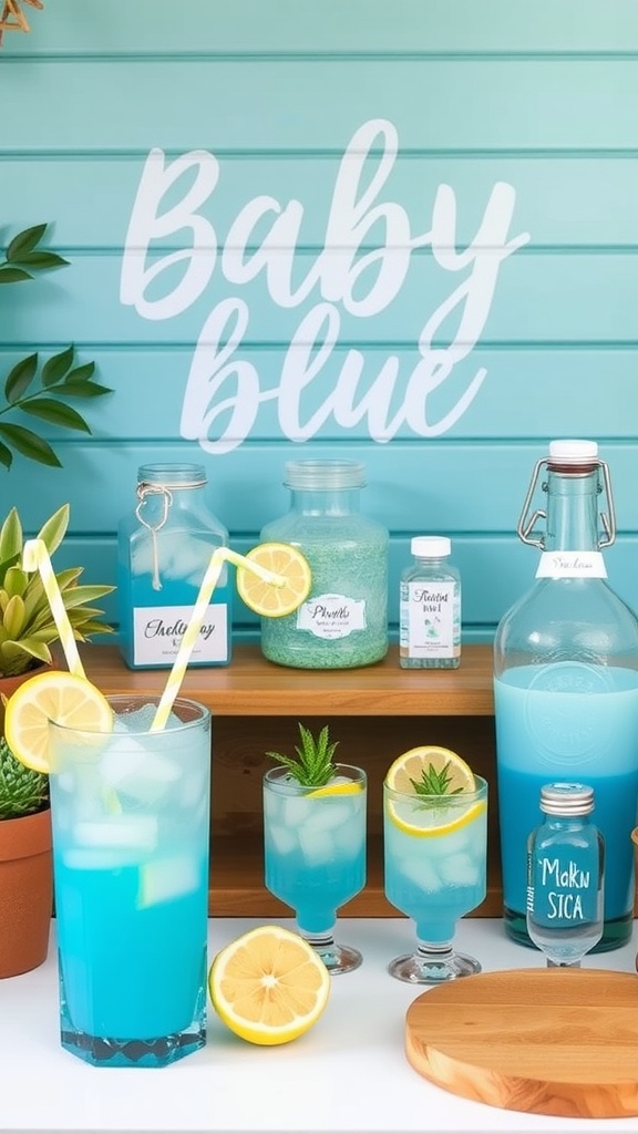 Colorful themed drinks for a baby boy baby shower, featuring blue lemonade and decorations.