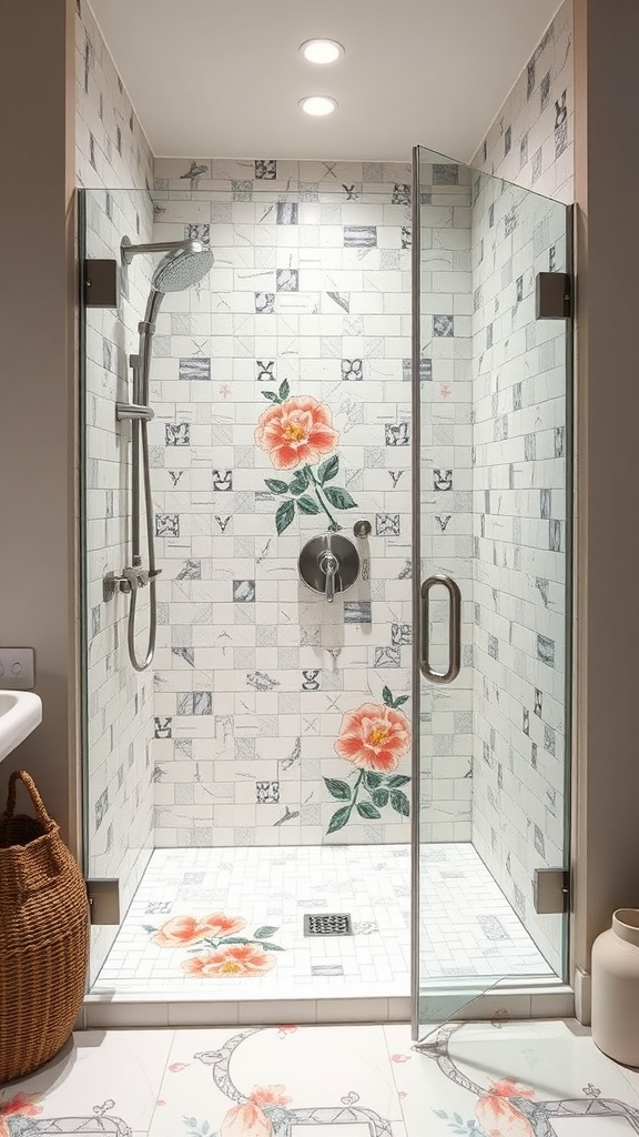 Tiled walk-in shower with floral designs and glass enclosure