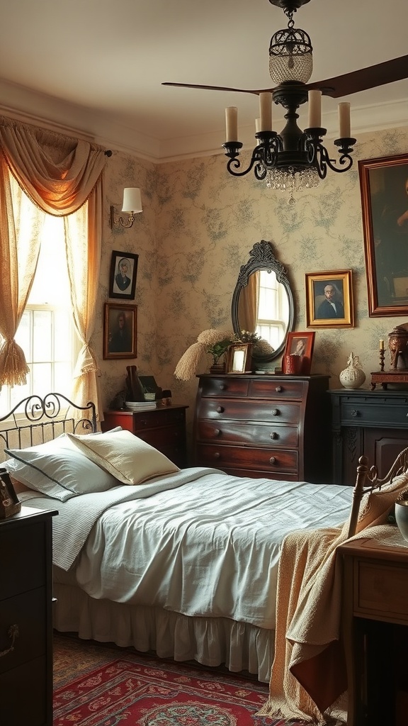 A vintage French-style bedroom featuring an antique bed, wooden dressers, and decorative elements.