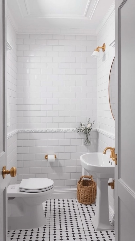 Small minimalist bathroom with white subway tiles, black and white patterned floor, and gold accents