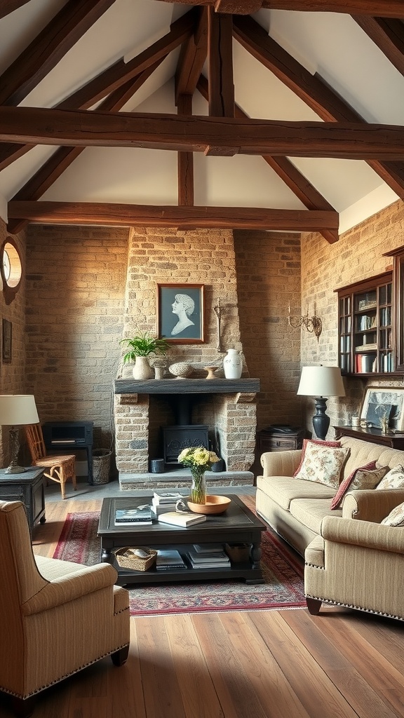 A cozy Tudor-style living room with exposed beams and a stone fireplace.