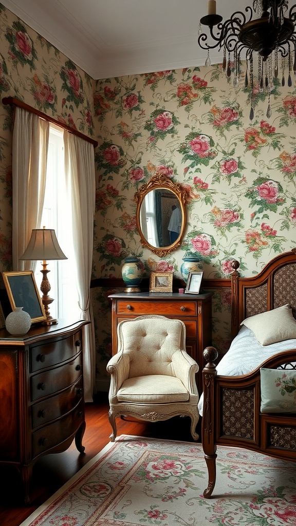 A beautifully furnished bedroom featuring floral wallpaper, vintage furniture, and a cozy armchair.